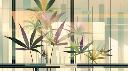 Stylized illustration of marijuana plants with a muted pastel background/foreground