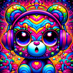 digital art vibrant colorful psychedelic cute alien with headphones vibin to music