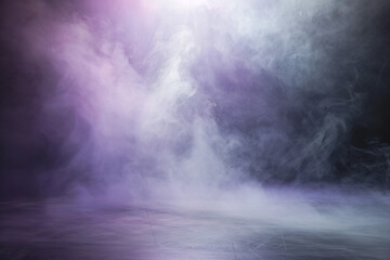 A stage filled with soft taupe smoke abstract background illuminated by a bright lavender spotlight, set against a deep, dark background.