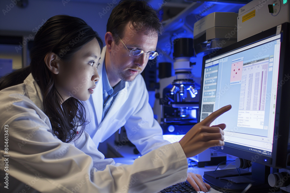 Aufkleber two scientists, a man and a woman, analyzing data on a computer screen in a laboratory setting. the 