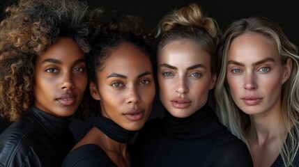 Obraz premium Close-up portrait of four diverse female models with natural hairstyles looking serene in a low-light setup