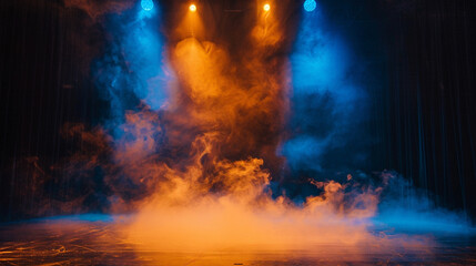A stage with swirling amber smoke under a deep blue spotlight, setting a warm, inviting mood.
