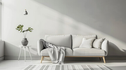 A minimalist interior design in Scandinavian style, showcasing a comfortable sofa and a trendy vase, creating a serene retreat for modern living.