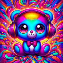 digital art vibrant colorful psychedelic cute alien with headphones vibin to music