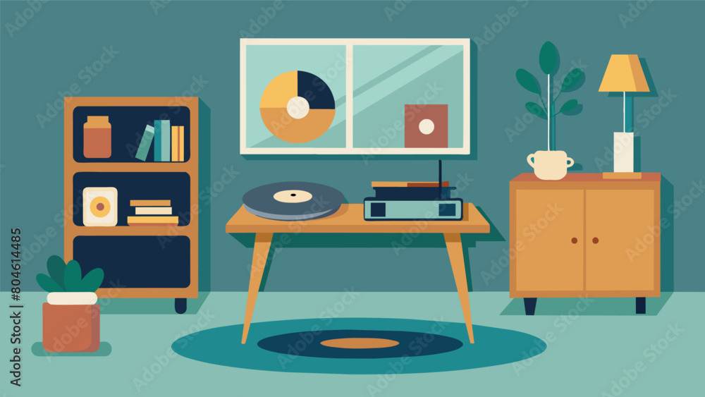 Poster a serene living room setting with a record player p on a midcentury modern side table showcasing the