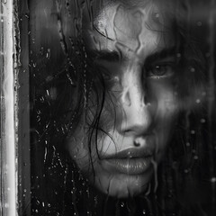 Black and white portrait of young beautiful woman behind wet glass with raindrops.