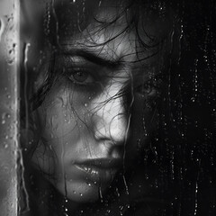 Portrait of a beautiful young woman through wet glass. Black and white.