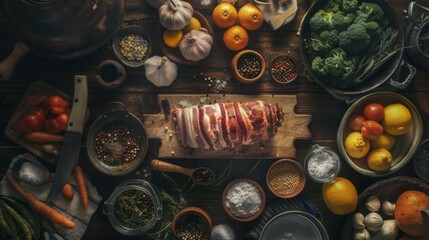 A rustic kitchen scene with ingredients laid out for preparing triple-layer pork belly, a labor of love."