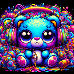 digital art vibrant colorful psychedelic cute alien with headphones vibin to music