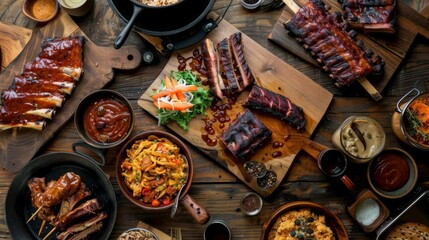 A rustic wooden table adorned with an array of barbecue dishes, including succulent pork ribs.