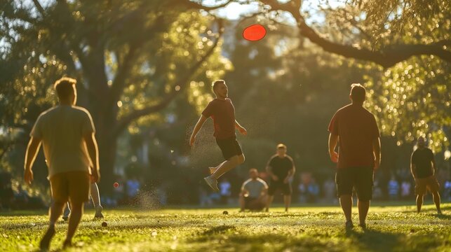 A group of friends playing ultimate frisbee in a park, capturing a leaping catch, focus on the expressions and flying disc, the background softly blurred showing trees and spectators