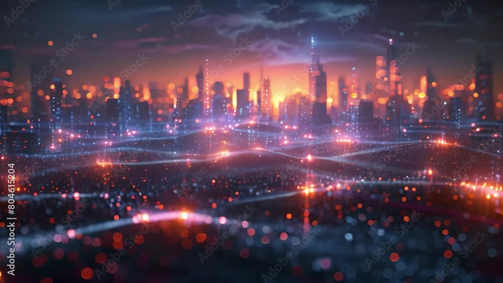 Aufkleber dazzling urban skyline with glowing digital waves symbolizing data transfer.