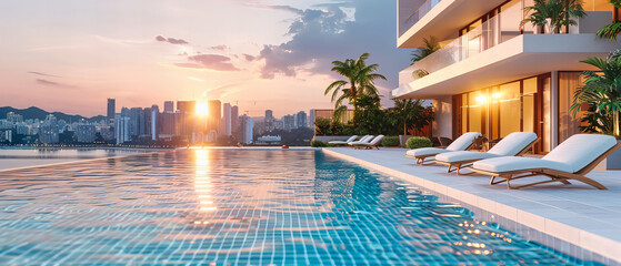 Rooftop Pool with Cityscape View, Modern Architecture and Leisure in Bangkok, Thailand