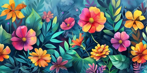 Vibrant Spring Background with Flowers and Leaves Generative AI