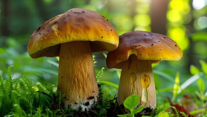 Macro shot of two Boletus Edulis mushrooms flourishing in woodland. Concept Macro Photography, Boletus Edulis, Woodland Fungi, Nature Close-up, Mushroom Studies