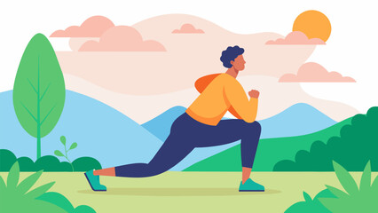 Taking a moment to observe your surroundings and appreciate the beauty of nature while engaging in bodyweight exercises such as lunges and squats. Vector illustration