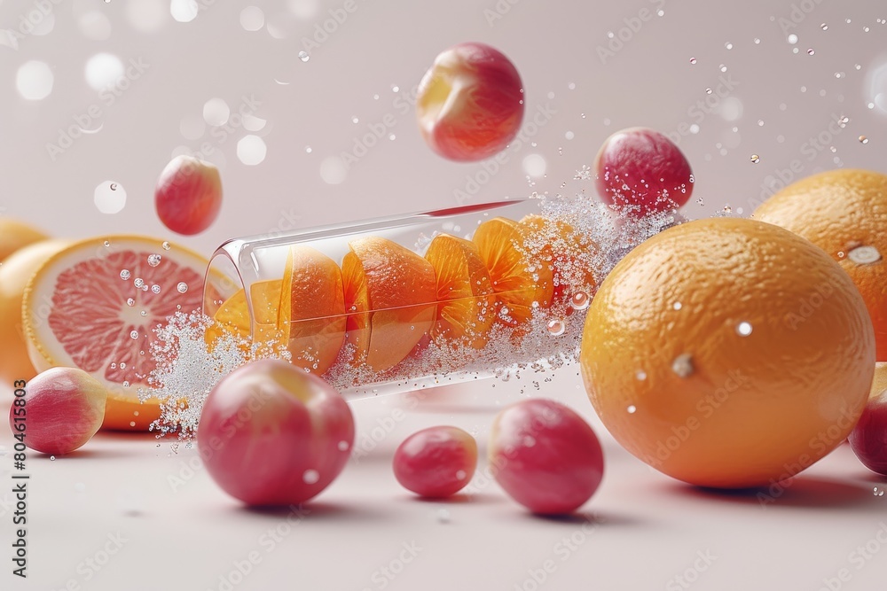 Poster hyper-realistic image of citrus oranges and grapes with a sensation of movement and refreshing water
