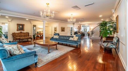 A spacious reception area with ample seating and elegant decor, ideal for hosting gatherings."