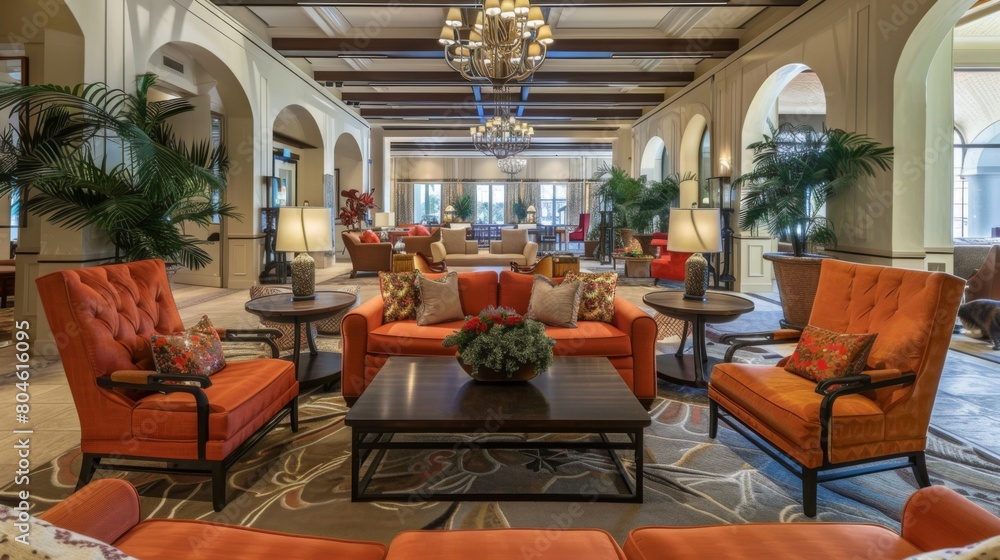 Poster A spacious reception area with ample seating and elegant decor, ideal for hosting gatherings.