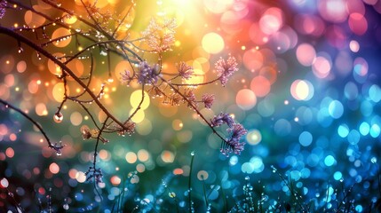  A macro shot of a plant with dewdrops and a blurred backdrop of soft light