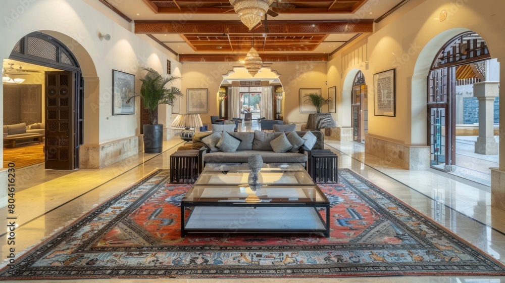 Poster A spacious reception area with ample seating and elegant decor, ideal for hosting gatherings.