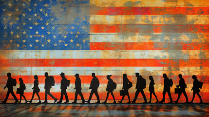 A group of people are walking across a wall with the American flag behind them
