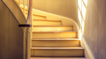 Butterscotch stairs with a classic wooden handrail, full side view in golden afternoon light.