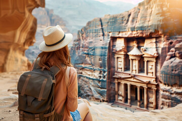 woman tourist with backpack in beautiful majestic Petra, Jordan