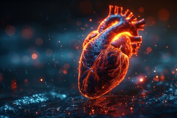 Radiant 3D rendering of a human heart with glowing circuit connections, evoking themes of life, technology, and advanced medical concepts