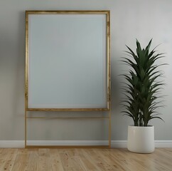 mockup illustration of a spacious and bright office entrance with a large empty frame to place your brand, logo, illustration, drawing or photograph.