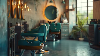 A photo of a hair salon with chairs and lights hanging from the ceiling, creating a modern and...