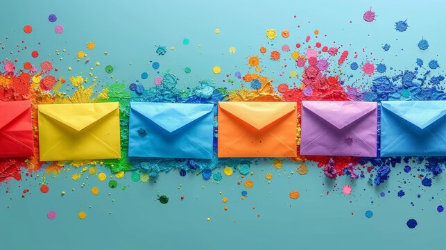 Envelope exploding in colorful paint - mail, contact, advertising, email. Bright background.