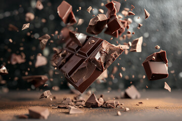 chocolate cake with nuts, At the heart of the composition, a chocolate bar explodes into fragments,...