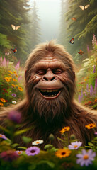 Joyful Sasquatch Laughing in a Meadow with Wildflowers and Butterflies