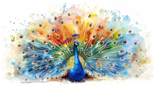  watercolor painting of a peacock with its tail feathers spread in a rainbow of colors.
