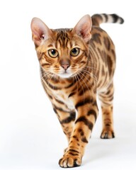 A stunning Bengal cat gracefully walks across a plain white backdrop