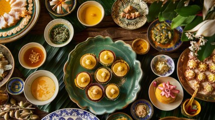 A traditional Thai dessert spread with 'Khanom Mor Kaeng,' sweet custard in intricate molds."