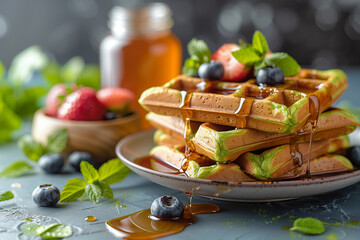 Matcha Waffles: green waffles with matcha powder, served for breakfast with fresh fruit and a drizzle of honey or maple syrup. - Powered by Adobe