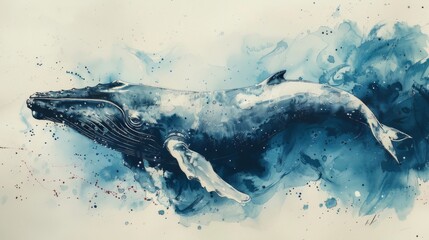 A watercolor painting of a blue whale swimming in the ocean. The whale is surrounded by splashes of water.