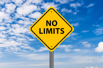 A sign saying No Limits. It's a yellow traffic-style sign with uppercase black letters against a...