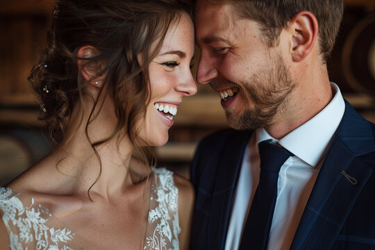 Couple in formal attire sharing a lighthearted moment of laughter inside a rustic barn, capturing the trend of relaxed yet sophisticated weddings
