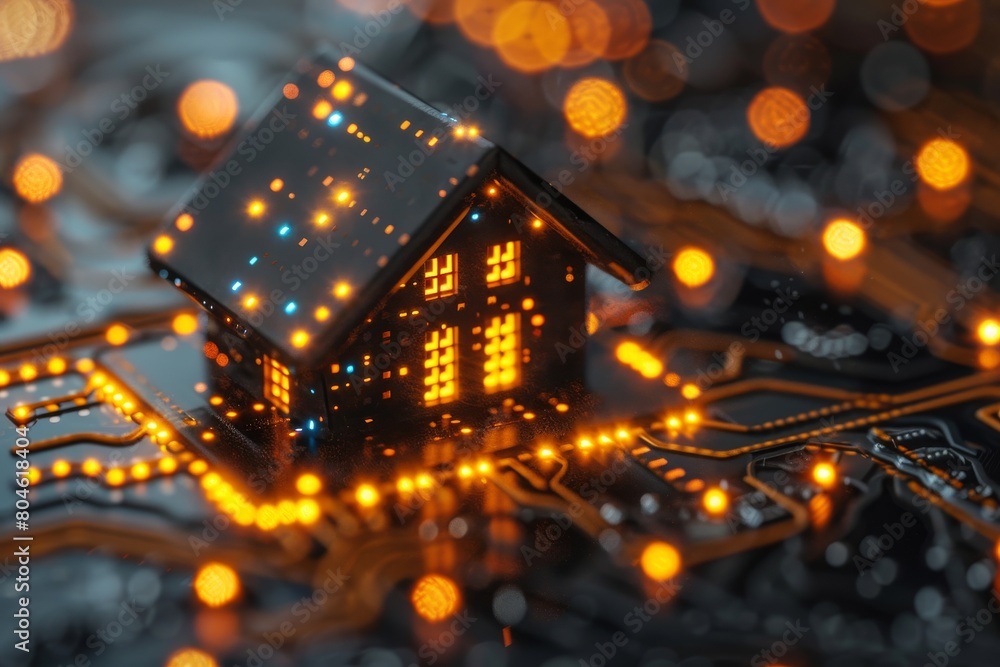 Poster this image shows a luminous house model on a circuit board, symbolizing smart homes and the integrat