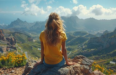 Naklejka premium Young woman perched atop hill, gazing into distance, contemplating life's vastness and possibilities