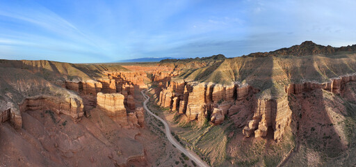 Panoramic view from a quadcopter of the Valley of Castles of the Charyn Canyon in the Almaty region (Kazakhstan) on a spring day