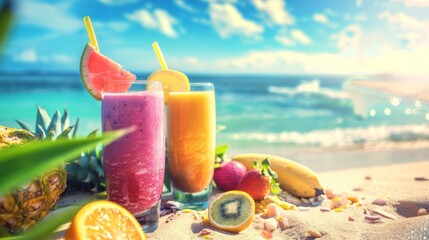 A tropical beach setting with glasses of icy fruit smoothies, a refreshing way to beat the heat."