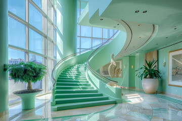 Contemporary American interior with a mint green entrance hall, featuring an elegant staircase and panoramic windows.