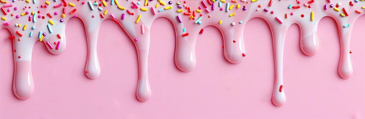 Pink icing sauce dripping down with colorful sprinkles
