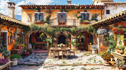 Scenic Italian Village, Traditional Houses with Floral Decorations, Beautiful Summer Landscape