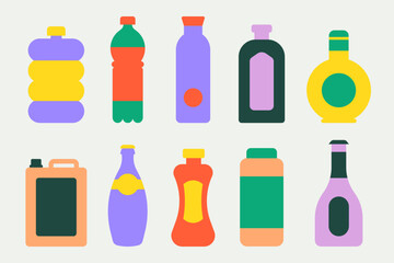 Set of various flat vector drinks, food and detergent bottles