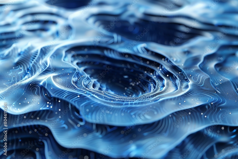 Poster digital art of a swirling vortex in blue with glimmers of light particles enhancing depth
